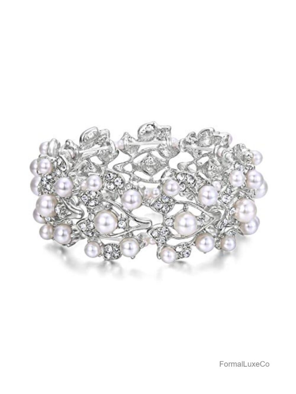Crystal Simulated Pearl Leaf Stretch Bracelet Wedding Prom Jewelry